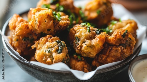 Crispy fried green vegetable bites garnished with herbs served in a rustic bowl on a dark surface photo