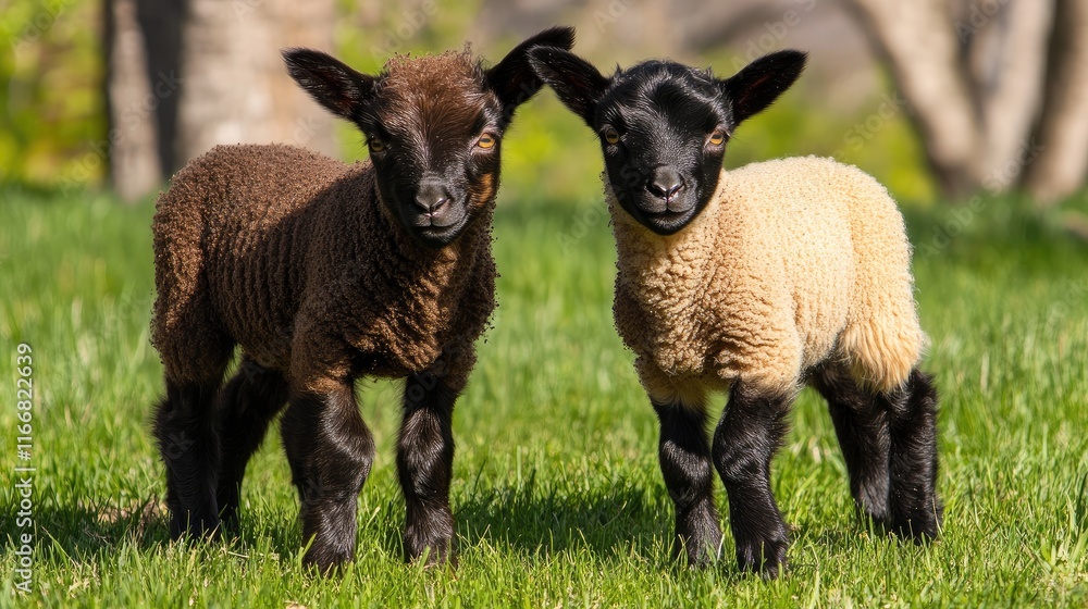 Two playful lambs in a vibrant green pasture creating a serene countryside scene showcasing innocence and nature's beauty. Two playful lambs in a vibrant green pasture creating a serene countryside scene showcasing innocence and nature's beauty.