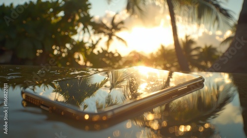 Golden sunset reflections on a smartphone tropical beach evening close-up post-vacation emotion photo