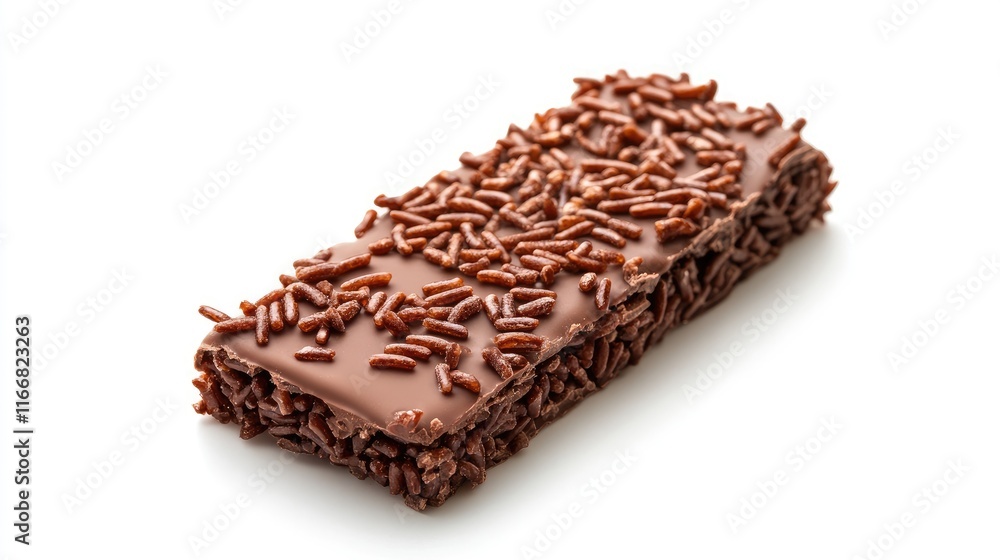 Crispy chocolate bar coated with rice sprinkles on a white background showcasing a delicious dessert treat. Crispy chocolate bar coated with rice sprinkles on a white background showcasing a delicious dessert treat.