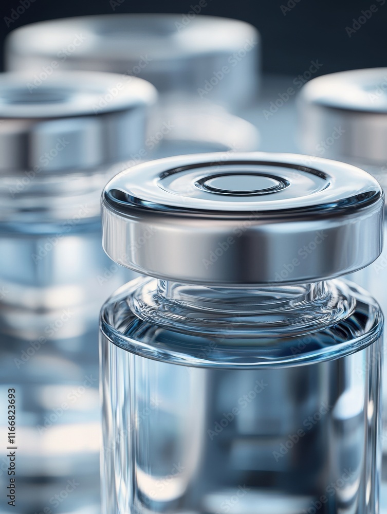 Close-up of glass vials containing a clear liquid, reflecting light beautifully. Close-up of glass vials containing a clear liquid, reflecting light beautifully.