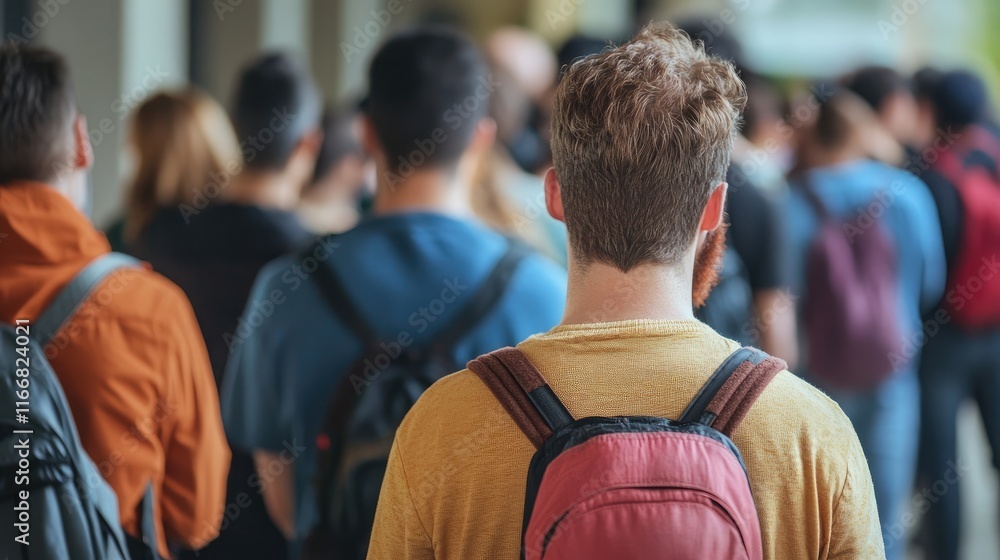 People waiting in line for service in a busy environment with focus on individual in foreground and diverse crowd in background People waiting in line for service in a busy environment with focus on individual in foreground and diverse crowd in background
