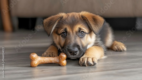 Adorable British shepherd puppy laying on the floor with a bone at home creating a charming pet ambiance for intimate settings. photo