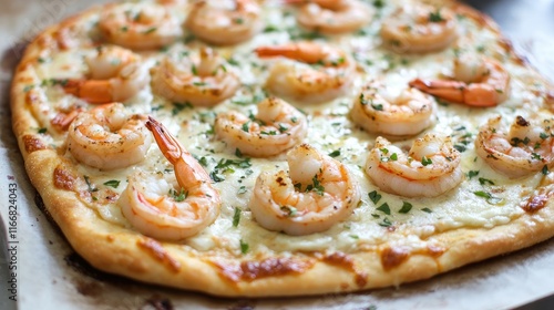 Seafood pizza featuring succulent shrimp, garlic, and creamy sauce perfect for gourmet cuisine enthusiasts photo