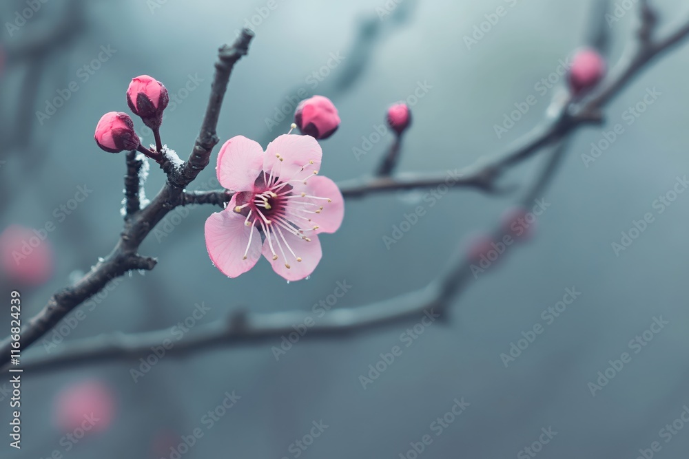 Delicate Pink Blossom with Buds on Branch Surrounded by Soft Misty Background