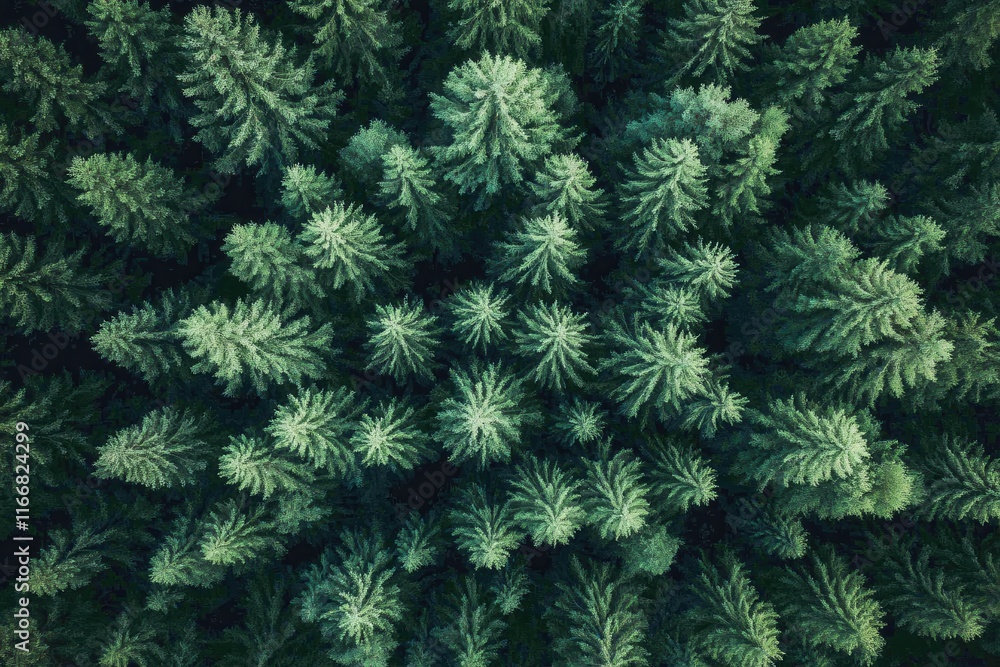 Aerial View of Dense Evergreen Forest Canopy in Natural Green Color Palette