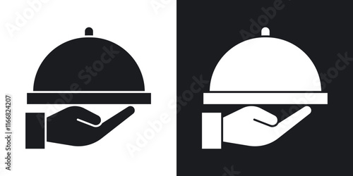 Hand holding tray icons in solid black and white colors