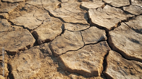 Cracked Textured Surface of Dry Sandy Desert Landscape Under Bright Sunlight photo