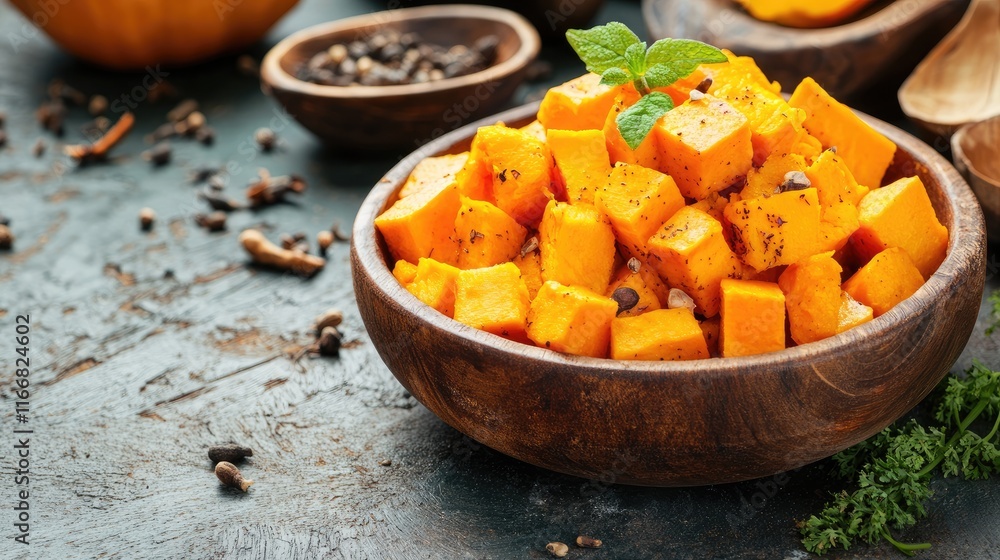 Pumpkin cubes seasoned with cloves in a rustic wooden bowl perfect for autumn recipes and seasonal cuisine decorations Pumpkin cubes seasoned with cloves in a rustic wooden bowl perfect for autumn recipes and seasonal cuisine decorations