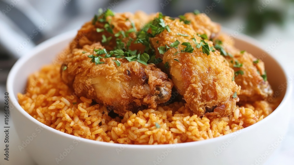 Crispy fried chicken served on flavorful spiced rice garnished with fresh herbs in a bowl. Crispy fried chicken served on flavorful spiced rice garnished with fresh herbs in a bowl.