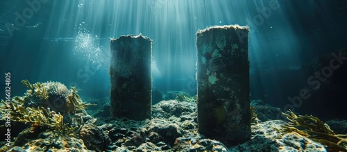 A captivating and enigmatic underwater landscape featuring towering rock formations and mesmerizing sunlight beams piercing through the depths creating a serene and dreamlike atmosphere photo