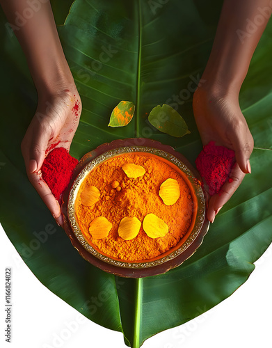 Haldi (turmeric) and Kumkum (vermilion powder), haldi kumkum ceremony. haldi kumkum is married Hindu women auspicious occassion. puja samagri, indian festival element, betel leaves, kumkum, haldi photo