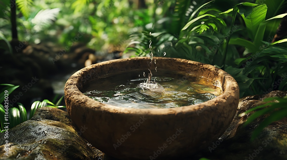 Close-Up of a Clay Bowl with Water in a Lush Forest Setting Close-Up of a Clay Bowl with Water in a Lush Forest Setting
