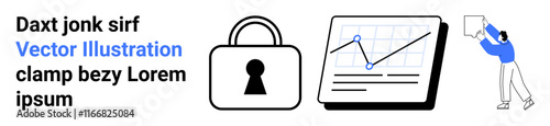 Lock icon signifying security next to a line graph indicating data analytics, with a person holding a board. Ideal for business presentations, cybersecurity, data analysis, statistics, data security