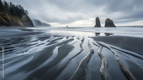 Driftwood Pathways on a Coastal Beach, Two Rock Formations and a Calm Ocean