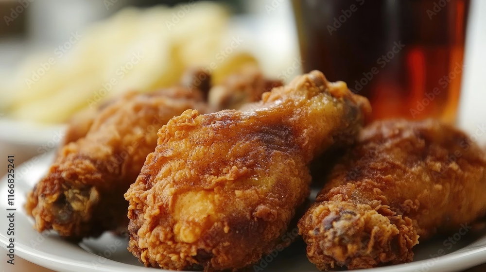 Savory Fried Chicken Served with a Refreshing Beverage and Golden French Fries on a Relaxed Dining Table Savory Fried Chicken Served with a Refreshing Beverage and Golden French Fries on a Relaxed Dining Table