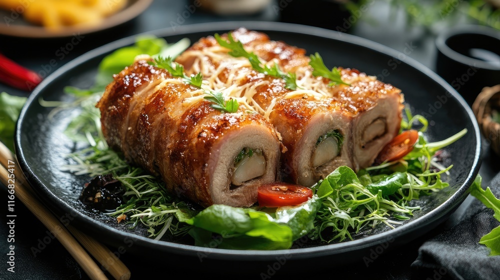 Crispy Pork Rolls with Cheese and Fresh Salad on a Black Plate Garnished with Herbs and Cherry Tomatoes Crispy Pork Rolls with Cheese and Fresh Salad on a Black Plate Garnished with Herbs and Cherry Tomatoes