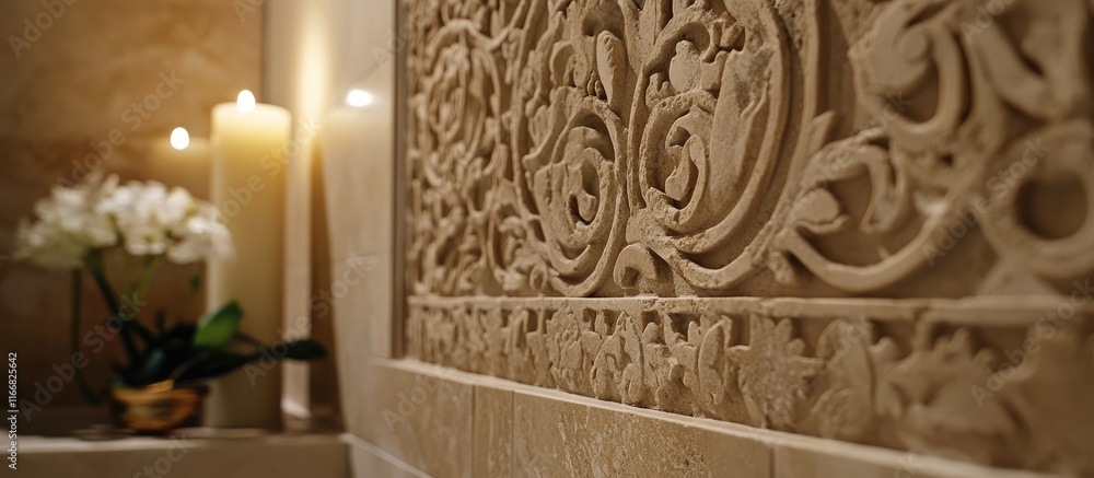 Elegant travertine mosaic wall design enhancing interior spaces with intricate patterns and soft candlelight ambiance. Elegant travertine mosaic wall design enhancing interior spaces with intricate patterns and soft candlelight ambiance.