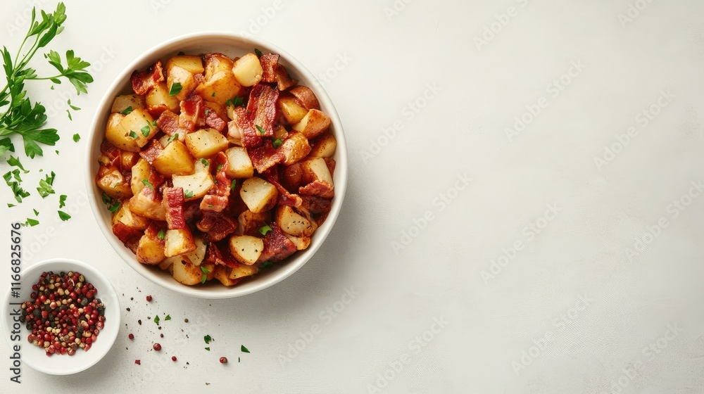 Tasty bacon and potato poultry dish presented in a white bowl with herbs and spices on a light background with ample copy space Tasty bacon and potato poultry dish presented in a white bowl with herbs and spices on a light background with ample copy space