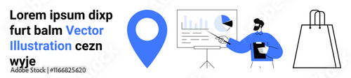 Free Download Abstract business presentation with a chart, blue location tag, and shopping bag. Ideal for business analytics, e-commerce, retail, marketing, presentations, project management digital marketing - GFXLoad