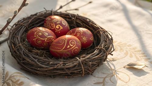 A close-up view of an intricately woven nest placed on a soft, textured surface. Inside the nest, a collection of smooth, vibrant red eggs rests, each adorned with elegant gold patterns,