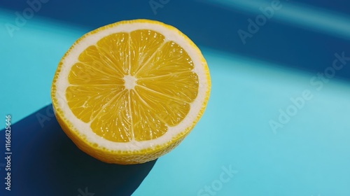 Fresh lemon half on vibrant blue background showcasing juicy texture and bright color ideal for food and beverage themes.