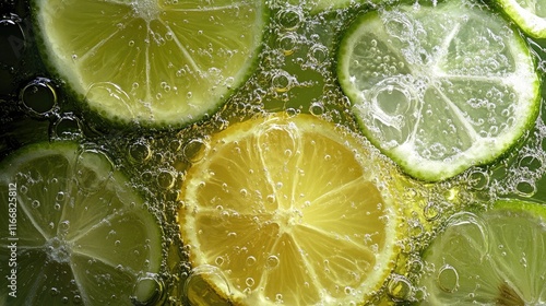 Refreshing citrus cocktail with lemon and lime slices in sparkling bubbles for a vibrant summer drink or cocktail party theme. photo