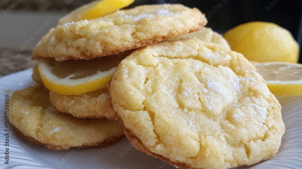 Lemon flavored cookies stacked on a white plate with fresh lemon slices, highlighting a delicious homemade dessert treat. Lemon flavored cookies stacked on a white plate with fresh lemon slices, highlighting a delicious homemade dessert treat.