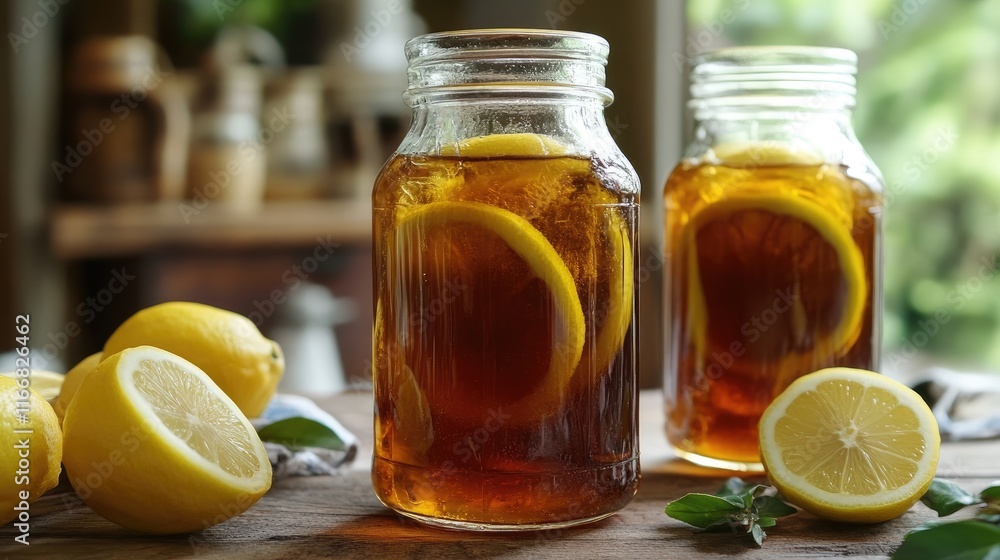 Refreshing Lemon Cold Brewed Coffee in Glass Jars with Fresh Lemons on Wooden Table Refreshing Lemon Cold Brewed Coffee in Glass Jars with Fresh Lemons on Wooden Table