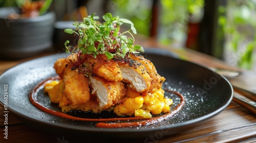 Crispy fried chicken served over creamy mac and cheese garnished with microgreens on an elegant black plate. photo