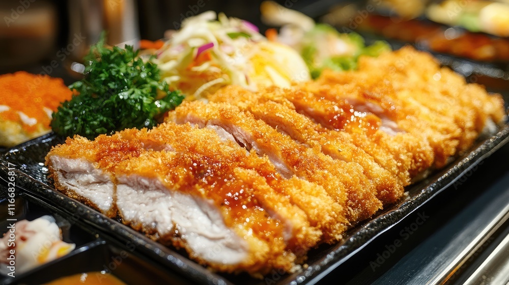 Crispy Katsu Pork Buffet Featuring Fresh Garnishes and Vibrant Presentation Crispy Katsu Pork Buffet Featuring Fresh Garnishes and Vibrant Presentation