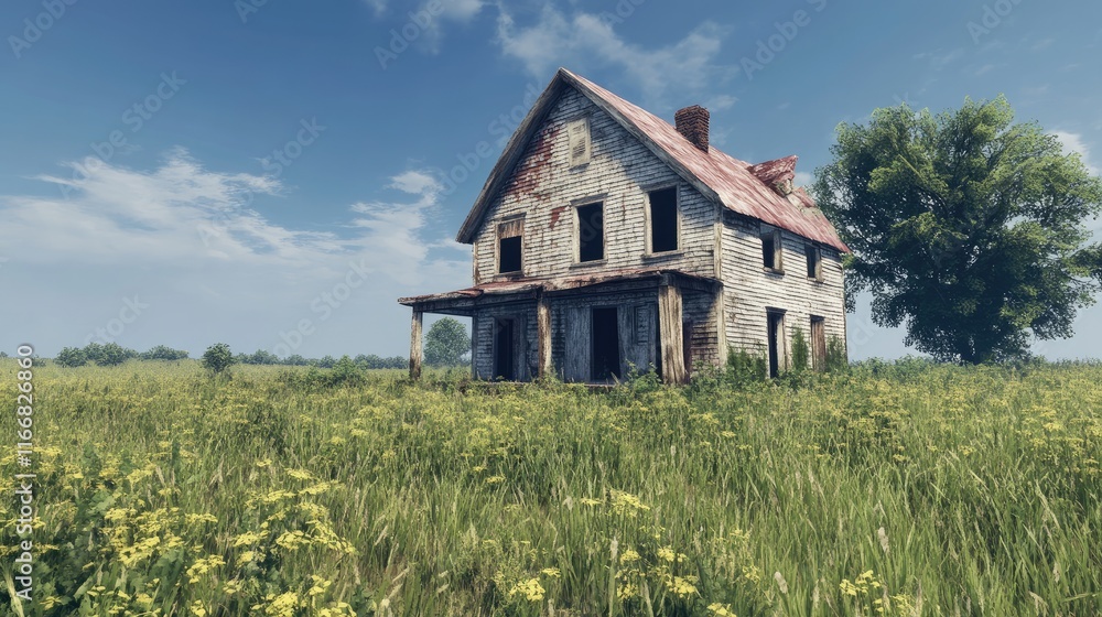 Obraz premium Abandoned farmhouse in a vibrant grassy field under a clear blue sky showcasing decay and nostalgia of rural life