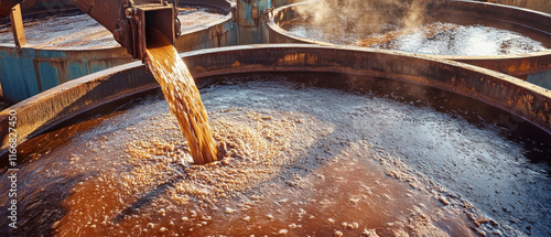 Industrial process of molten iron pouring into pools for cooling and solidification in a rustic manufacturing setting