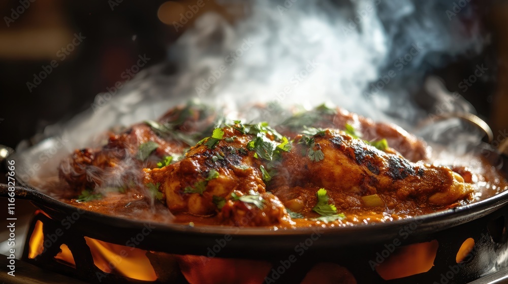 Grilled chicken in curry sauce with aromatic herbs and spices served on a sizzling platter with smoky flames for a flavorful dinner experience Grilled chicken in curry sauce with aromatic herbs and spices served on a sizzling platter with smoky flames for a flavorful dinner experience