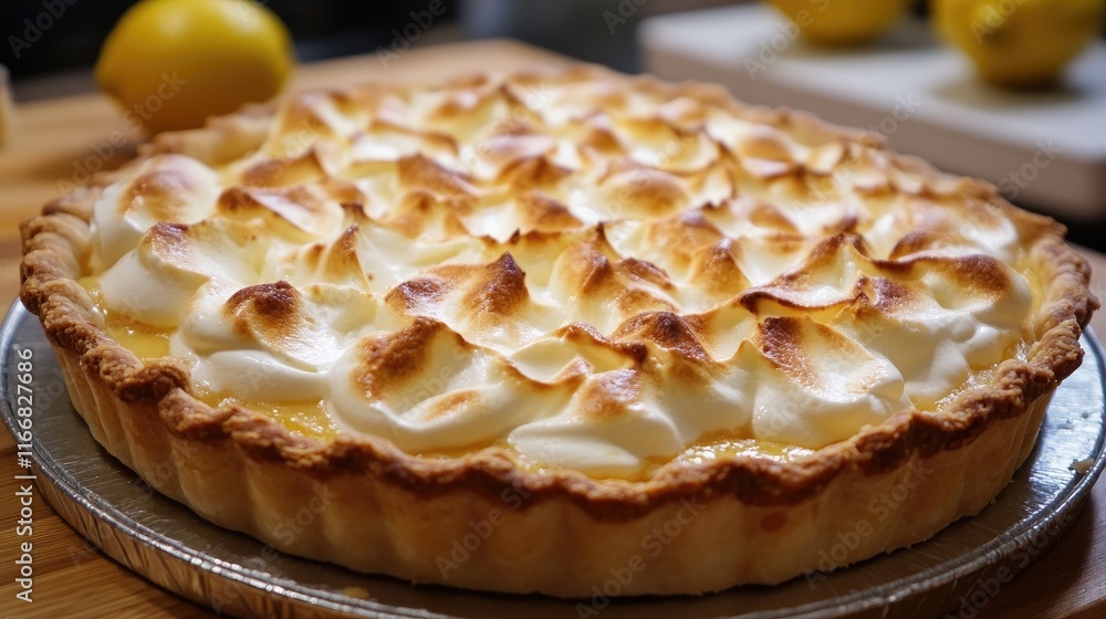Lemon Mascarpone Pie with Toasted Meringue Topping and Golden Crust on Wooden Surface with Fresh Lemons in Background Lemon Mascarpone Pie with Toasted Meringue Topping and Golden Crust on Wooden Surface with Fresh Lemons in Background
