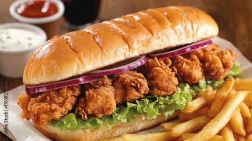 Wallpaper Mural Crispy Chicken Sandwich with Fresh Lettuce and Golden French Fries Served with Dipping Sauces on Rustic Wooden Table Torontodigital.ca