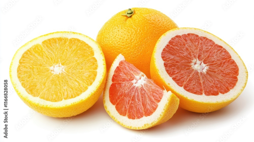 Citrus fruit slices including lemon orange and grapefruit arranged on a white background with space for text or design elements Citrus fruit slices including lemon orange and grapefruit arranged on a white background with space for text or design elements