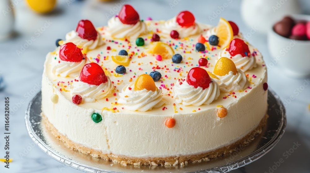 Lemon Party Cheesecake with Colorful Toppings and Creamy Frosting on a Marble Surface Lemon Party Cheesecake with Colorful Toppings and Creamy Frosting on a Marble Surface