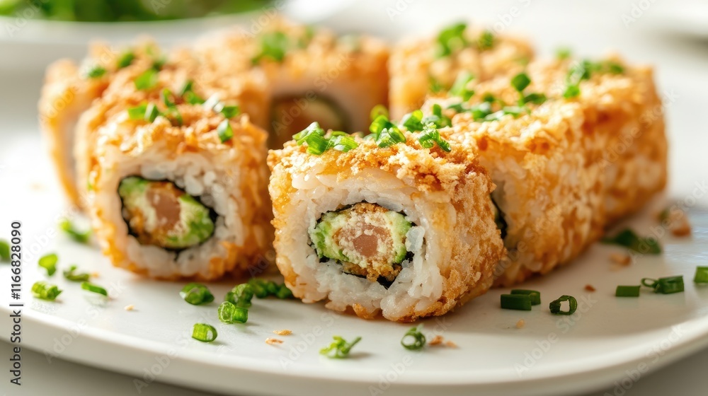 Crispy tuna sushi rolls garnished with wasabi and fresh chives served on a white plate in an elegant setting Crispy tuna sushi rolls garnished with wasabi and fresh chives served on a white plate in an elegant setting