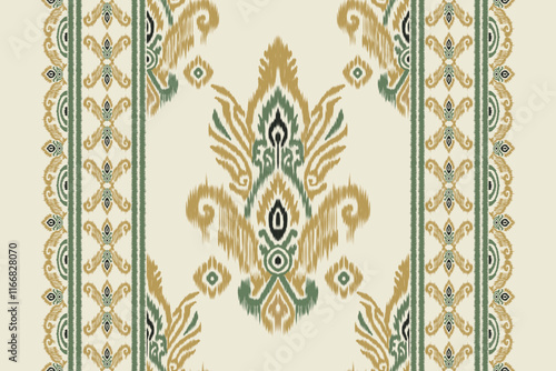 Traditional sari and shawl with ikat floral embroidery, ethnic oriental design, seamless fabric pattern with abstract textures for clothing, wrapping, and decoration.