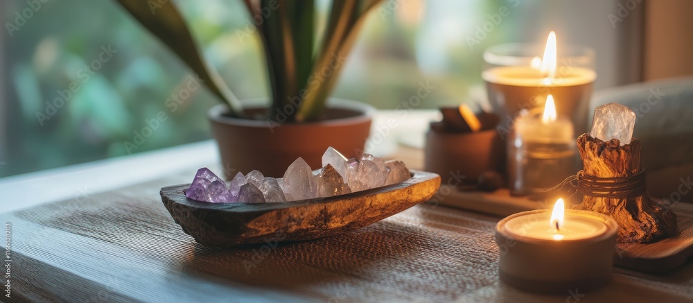 Crystal cleansing ritual with Palo Santo in a tranquil home environment fostering positive energy and spiritual harmony through natural elements