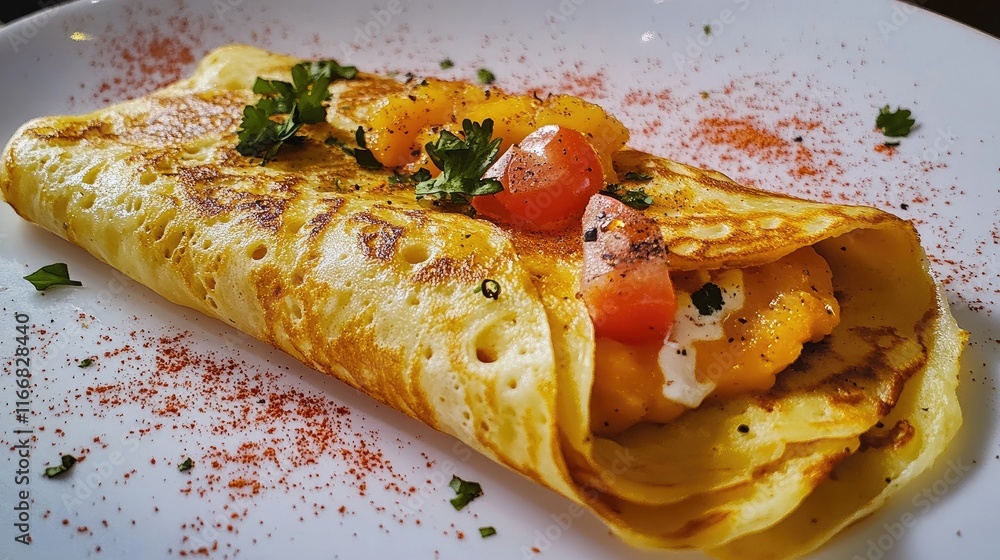 Savory crepe filled with fresh tomatoes and herbs garnished with spices on a white plate Savory crepe filled with fresh tomatoes and herbs garnished with spices on a white plate
