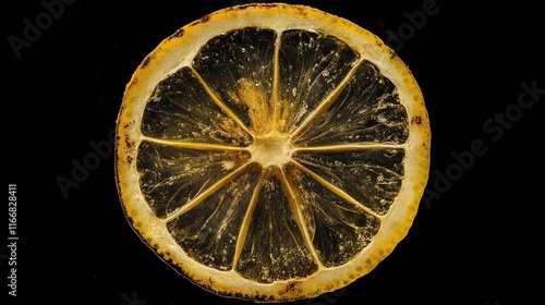 Dried lemon slice against a dark background showcasing its unique texture and natural pattern suitable for culinary and decor themes photo