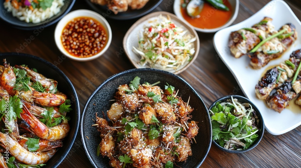 Unique gourmet dishes featuring crispy fried insects served alongside fresh seafood and vibrant salads on a rustic wooden table. Unique gourmet dishes featuring crispy fried insects served alongside fresh seafood and vibrant salads on a rustic wooden table.