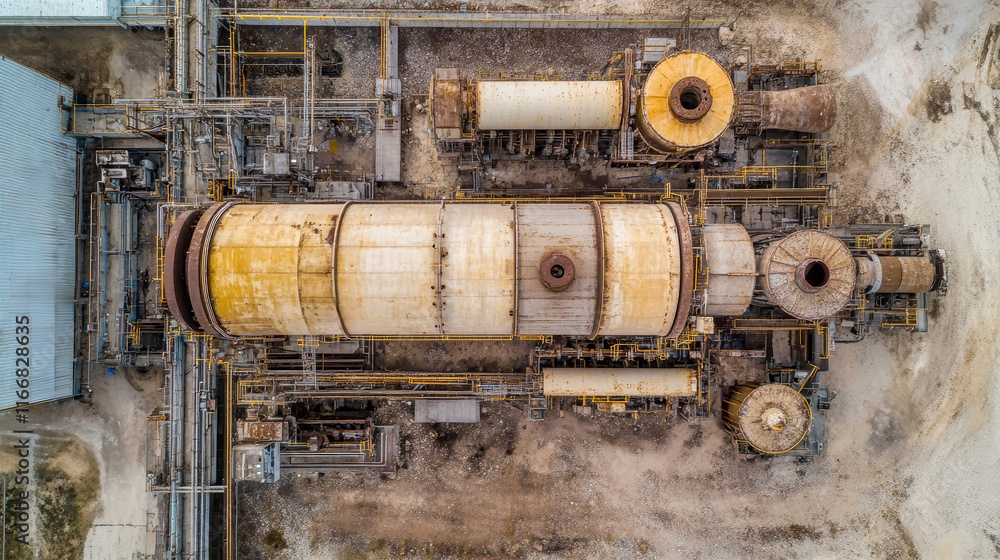 Aerial exploration of a sprawling industrial factory showcasing intricate machinery and weathered textures in a rustic environment Aerial exploration of a sprawling industrial factory showcasing intricate machinery and weathered textures in a rustic environment
