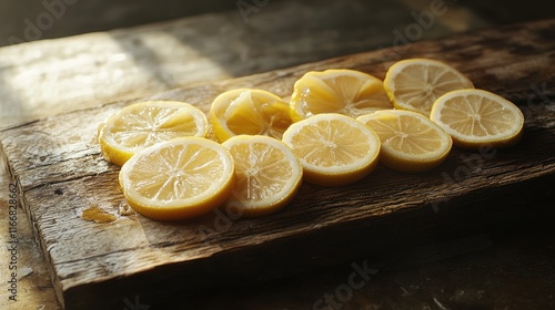 Fresh lemon slices arranged on rustic wooden board illuminated by warm sunlight, showcasing vibrant colors and textures of citrus fruit. photo