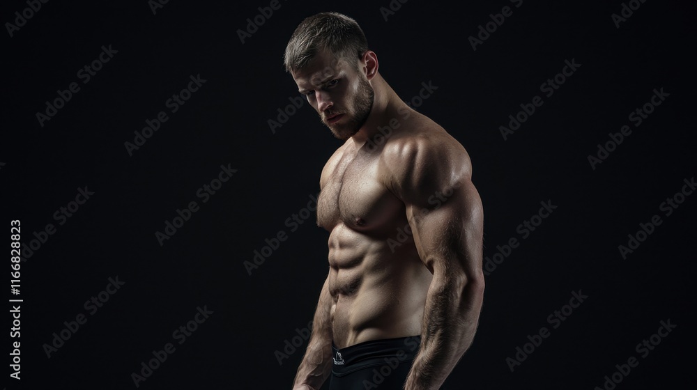 A man with a muscular body is standing in a dark room A man with a muscular body is standing in a dark room