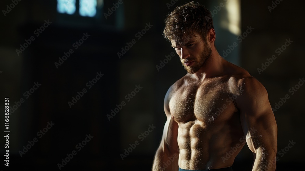 Fototapeta premium A man with a muscular body is standing in a dark room