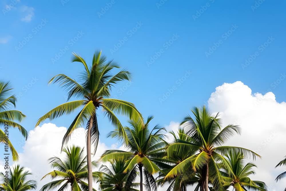 A beautiful view of tall palm trees against a bright blue sky with fluffy white clouds. The scene evokes a tropical paradise, perfect for relaxation and vacation vibes. A beautiful view of tall palm trees against a bright blue sky with fluffy white clouds. The scene evokes a tropical paradise, perfect for relaxation and vacation vibes.