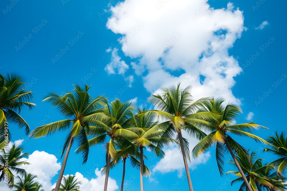 A beautiful view of tall palm trees against a bright blue sky with fluffy white clouds. The scene evokes a tropical paradise, perfect for relaxation and vacation vibes. A beautiful view of tall palm trees against a bright blue sky with fluffy white clouds. The scene evokes a tropical paradise, perfect for relaxation and vacation vibes.